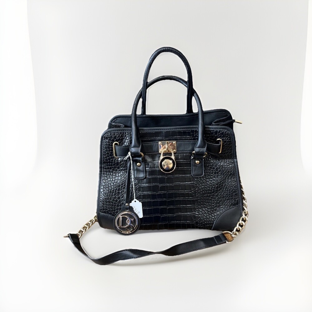Dasein Womens Black Faux Leather Purse Padlock Belted Top Handle Satchel Handbag